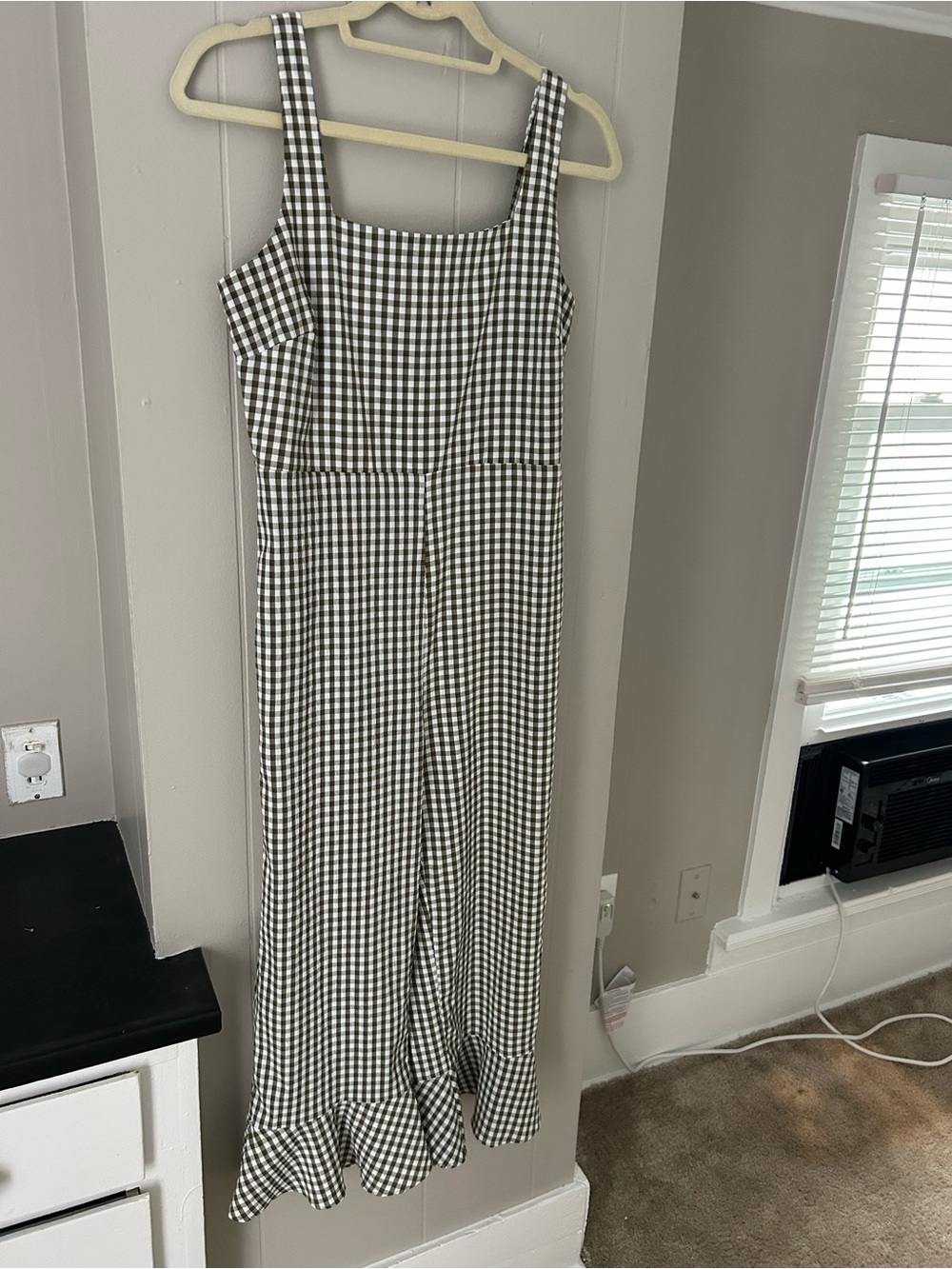 Gingham Square-Neck Jumpsuit in Green and White
